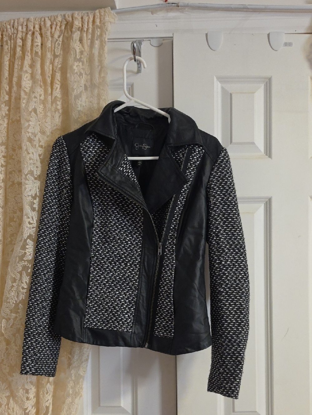 Jessica Simpson Black & Gray Knit Faux Leather Moto Jacket
